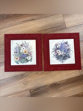 Kirklands Red Framed Floral Bouquet Prints - Pair